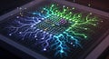 AI Processor Chip with Neural Network Connections and Data Flow, Digital Abstract Background Royalty Free Stock Photo