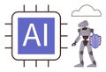 AI Processor Chip and Robot with Shield Representing Artificial Intelligence and Technology Royalty Free Stock Photo