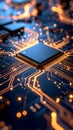 AI processor on a futuristic circuit board with glowing light and bokeh effect Royalty Free Stock Photo