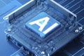 AI processor generator text to image of intelligence, prompt for generates, light blue, 3d render and artificial intelligence