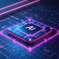 AI processor with glowing neon pink and blue circuits on a digital background microchip Royalty Free Stock Photo