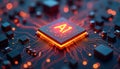 AI processor glows brightly on circuit board. Data streams flow through complex network of circuits. Modern tech component Royalty Free Stock Photo