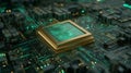AI Processor Unit Neural Core with Glowing Green AI Circuits in Futuristic Microchip Design and Neural Processing Architecture. Royalty Free Stock Photo