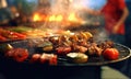 AI-produced BBQ scene, focus on grilling food, blurred background of friends