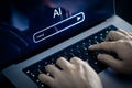AI prompt to generate content or text with laptop and artificial intelligence. Using image generator at work. Royalty Free Stock Photo