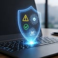 AI Protect Shield Hologram from Laptop Keyboard, Representing Artificial Intelligence Powered Cybersecurity, Data Protection, and Royalty Free Stock Photo