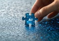 AI puzzle piece concept with hand fitting technology piece digital puzzle Royalty Free Stock Photo