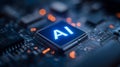 AI processor chip on circuit board representing machine learning computing power and advanced hardware. Royalty Free Stock Photo