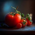 AI recreation artistic of red tomatoes on branch as still life painting