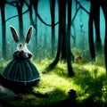 AI rendered scratch of rabbit Alice in Wonderland style in the forest