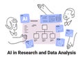 AI in research and data analysis concept with people interacting around flowcharts graphs and icons in thin line style