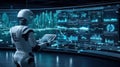 Ai robot analyzes data displayed on screens futuristic technology interface innovation Royalty Free Stock Photo