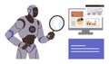 AI Robot Analyzing Data on Computer Screen Using Magnifying Glass Royalty Free Stock Photo