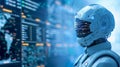 AI Robot Analyzing Data on Digital Screens