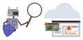 AI Robot Analyzing Data with Magnifying Glass and Shield for Security in Cloud-Based Environment Royalty Free Stock Photo
