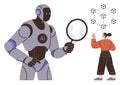 AI Robot Analyzing Data with Magnifying Glass While Woman Explains Blockchain Network Connections Royalty Free Stock Photo