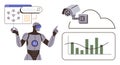 AI Robot Analyzing Data with Surveillance Camera, Cloud Storage, and Graph Analytics Royalty Free Stock Photo