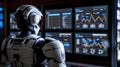 AI robot analyzing financial data on multiple screens