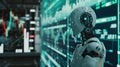 AI robot analyzing multifaceted stock market charts on a digital interface Royalty Free Stock Photo
