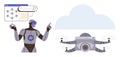 AI robot analyzing virtual data and pointing at futuristic quadcopter with cloud connection Royalty Free Stock Photo