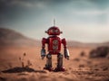 AI robot android. Old vintage robot astronaut. Futuristic red robot on the ground. AI generated
