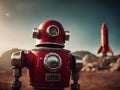 AI robot android. Old vintage robot astronaut. Futuristic red robot near the rocket. AI generated