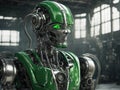 AI robot android. Technological green robot close-up. Futuristic droid. AI generated