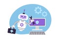 AI Robot assistant holds wrench and first aid kit. Computer setup and repair. Concept of digital security and technical