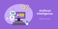 AI Robot assistant points at computer. Artificial Intelligence horizontal web banner on purple background. Data Analytics Royalty Free Stock Photo