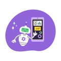 AI Robot assistant points at smartphone. Artificial Intelligence Data Analytics and Virtual Assistant. Business and