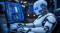 AI Robot Works on Computer with Code Displayed, Futuristic Technology, Artificial Intelligence Royalty Free Stock Photo