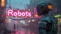 AI robot in cyberpunk city at night, gloomy dark street with neon signs and smog. Theme of technology, dystopia, industry and