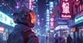 AI robot in cyberpunk city at night, gloomy dark street with neon signs and tall modern buildings. Theme of technology, dystopia