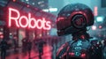 AI robot is on cyberpunk city street, neon store sign Robots in distance, futuristic town with shops light in rain at night.