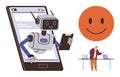 AI Robot Exiting Smartphone Screen, Smiling Icon, and Presenter with Laptops on Desk Royalty Free Stock Photo