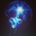 AI Robot Finger Pushing Virtual Earth Hologram on Black Background, Worldwide Network Future with AI, Technology Concept