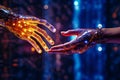 AI Robot Hand and Human as a Symbol of Artificial Intelligence Help Human Work Faster