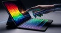Ai robot hand interacts with digital tablet displaying colorful abstract data stream Royalty Free Stock Photo