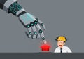 Ai robot hand pressing red button while surprised engineer watches cautiously Royalty Free Stock Photo