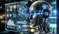 AI robot hologram on virtual screen. Artificial intelligence and machine learning concept. Hologram screen display.