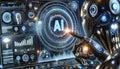 AI robot hologram on virtual screen. Artificial intelligence and machine learning concept. Hologram screen display.