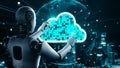 AI robot huminoid uses cloud computing technology to store data on online server Royalty Free Stock Photo