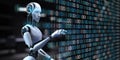 AI Robot Interacting with Binary Code, Big Data, and Data Analytics for Business and Technology Concept. 3d render Royalty Free Stock Photo
