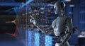 AI Robot Interacting with Binary Code, Big Data, and Data Analytics for Business and Technology Concept. 3d render Royalty Free Stock Photo