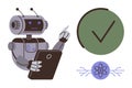 AI robot interacting with data tablet, green checkmark, and atomic technology concept Royalty Free Stock Photo