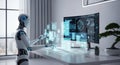 Ai robot interacting with virtual display in office environment Royalty Free Stock Photo