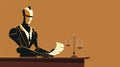AI robot judge analyzing legal documents in courtroom