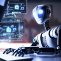 AI robot learning and answering questions on a computer laptop, Royalty Free Stock Photo