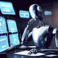 AI robot learning and answering questions on a computer laptop, Royalty Free Stock Photo