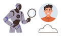 AI Robot with Magnifying Glass Analyzing Human Profile with Cloud Element, Concept of Artificial Intelligence and Data Royalty Free Stock Photo